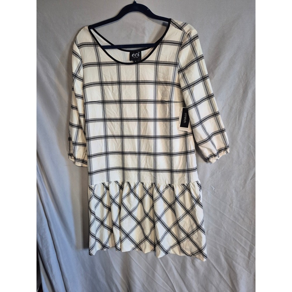 ECI Womens Dress Size 8 White Black Plaid 3/4 Sleeve Stretch Career Casual